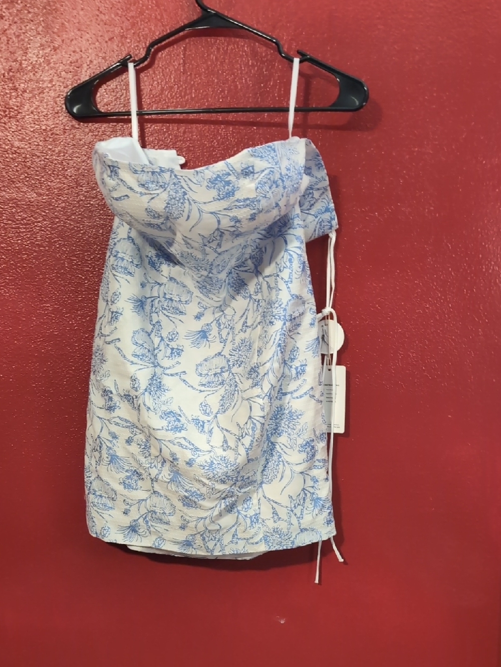 White Strapless Mini Dress with Blue Floral Print